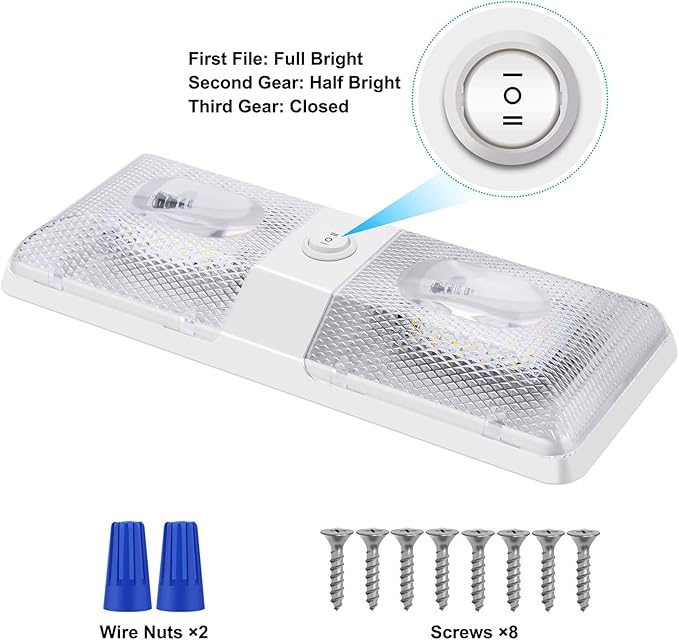 BlueFire 1 Pack Upgraded Super Bright DC 12V Led RV Ceiling Double Dome Light RV Interior Lighting with ON/Off Switch for Trailer Camper Car RV Boat (White - 1PCS)