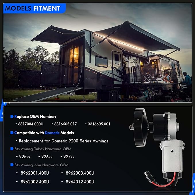 3317084.000U RV Awning Motor Drive Repair Kit Assembly Fit for Dometic 9200 Series Power Awnings, Replace# 3316605.001, 3316605.017, Black