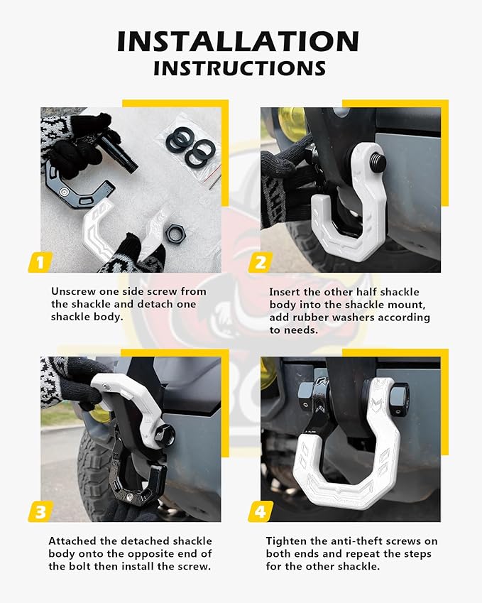 D-Ring Separate Shackles, 2Pack, 3/4" D-Ring Shackles 7/8" Pin, 57320lbs Breaking Strength, Heavy Duty Forged Steel, D-Ring Shackles Towing Winch Shackle for Recovery, Off-Road, Black White