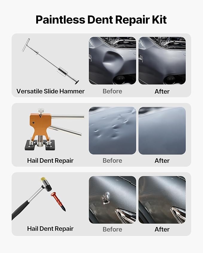 VEVOR Dent Puller Kit, 61 PCS Paintless Dent Removal Kit with Golden Lifter, Slide Hammer T-Bar, Glue Gun, Auto Body Hail Damage Repair Remover Tools for Car Refrigerator Large Small Door Ding Repair