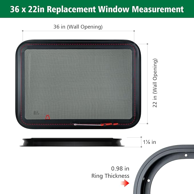 Dulepax RV Exit Window, 36'W x 22'H, Black Tempered Glass, RV Emergency Exit with Net Screen & Trim Ring