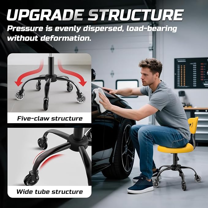 Rolling Shop Stool with Wheels,Mechanic Garage Stool Chair with Adjustable Height 15.55"-18.3",Heavy Duty Swivel Roller Seat for Garage,Salon and Tattoo Beauty, Yellow