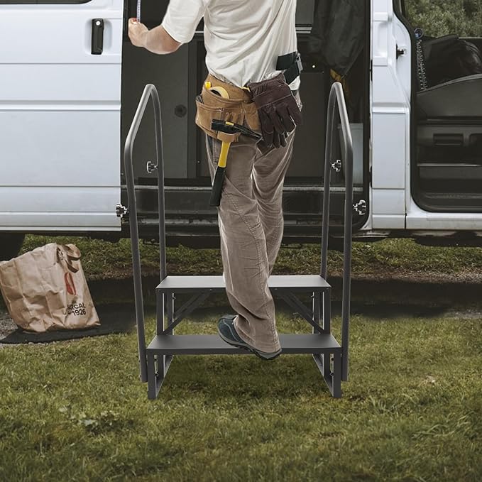RV Steps with Handrail, 2 Step RV Stairs with Handrail, Update RV Ladders Mobile Home Stairs for Travel Trailers, Heavy Duty Camper Steps for Camper, Porch, Spa
