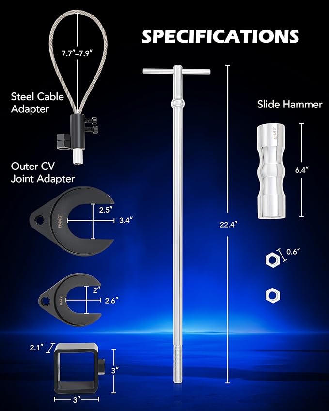 Orion Motor Tech CV Axle Puller Tool with Heavy Duty Slide Hammer, 8 pc CV Joint Removal Tool with 2" and 2.5" CV Joint Fork, CV Axle Removal Tool with Outer CV Joint Adapter Steel Cable Adapter