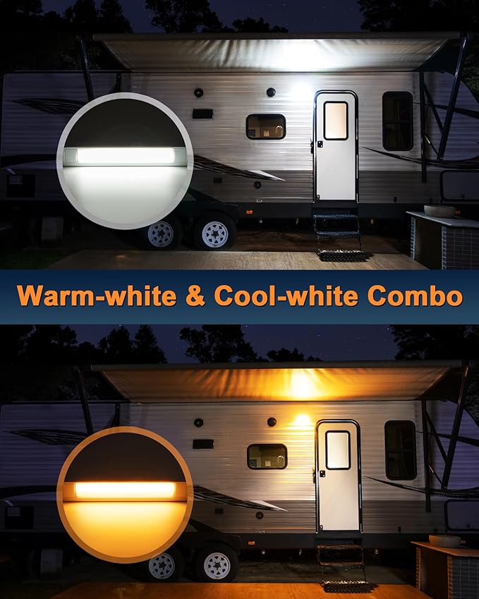 Raycharm 10" RV & Marine Boat LED Awning Porch Utility Light Fixture, 40° Down Angle, Amber/White Beam, 12V/24V DC, Waterproof IP67, Plastic Housing White Finish, 2-Pack