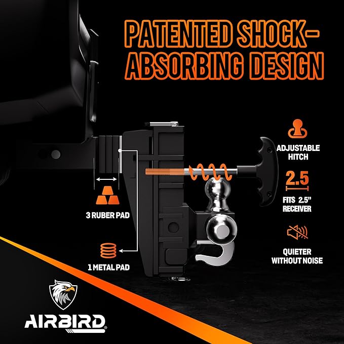 AIRBIRD Adjustable Trailer Hitch Fits 2.5-Inch Receiver, Anti-Rattle Tow Hitch (18500 LBS GTW) 6 Inch Drop Truck Hitch Tri-Ball Mount with Hook (1-7/8" x 2" x 2-5/16")