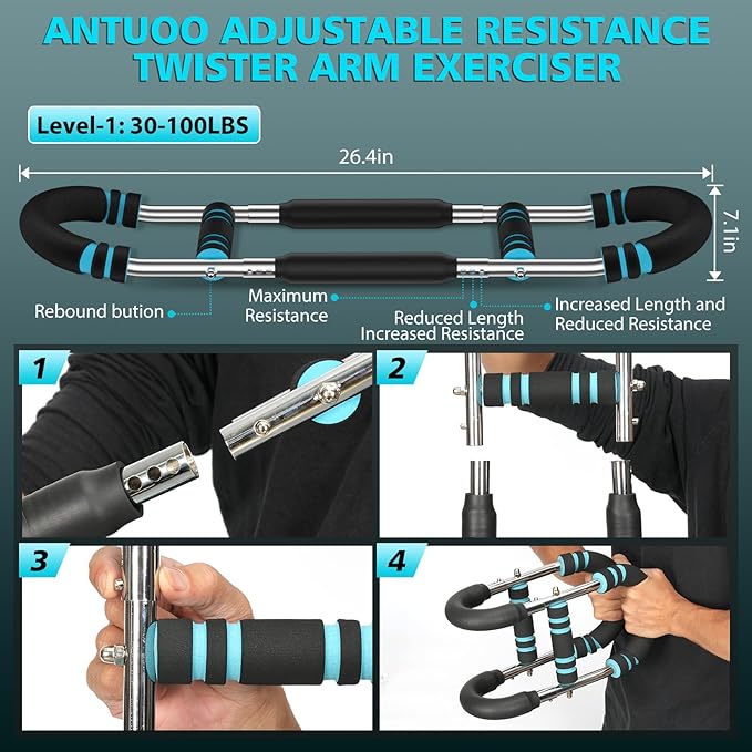 Twister Arm Trainer, 30-100lb Adjustable Chest Workout Bar, Power Twister Arm Trainer for Men, Chest Workout Equipment, Forearm Strengthener Arm Trainer