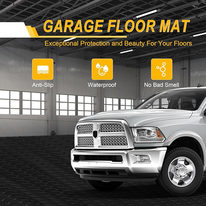 7.5x20 FT Garage Floor Mat, Flooring Roll with 20Pcs Tapes, 150 sqft Diamond Plate PVC Rubber Trailer Mat, Non-Slip Floor Mat for Garage, Warehouse, Gyms, Trailer, Pickup Truck (Black)