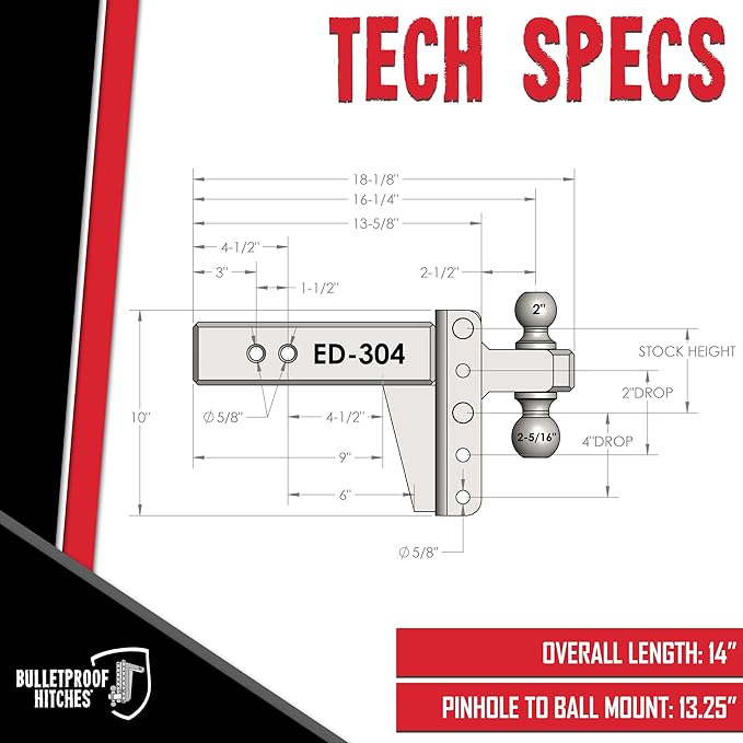 BulletProof Hitches - 3.0" Adjustable Extreme Duty Trailer Hitch (36,000 lb. Rating) - 4" Drop/Rise with 2" and 2 5/16" Dual Ball - Powder Coat, Solid Steel, Corrosion-Resistant