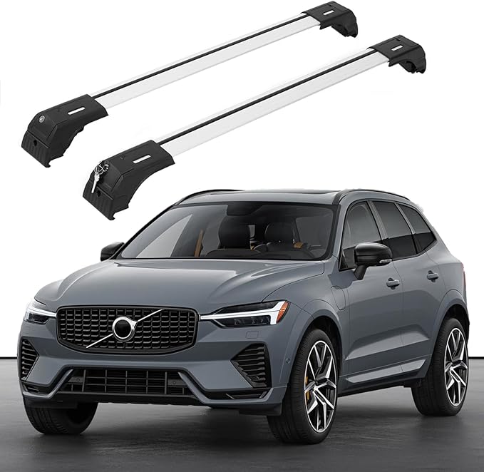 ERKUL Roof Rack Cross Bars for Volvo XC60 2018-2025 | Aluminum Crossbars with Anti Theft Lock for Rooftop | Compatible with Flush Rails - Silver