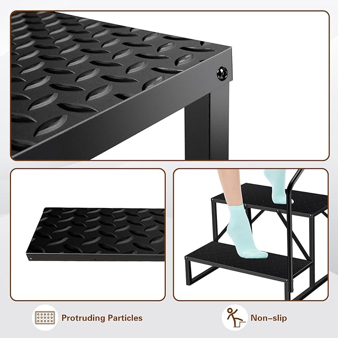 2 Step RV Steps with Handrail, Upgrade RV Stairs with Platform, 660lbs Anti-Slip Hot Tub Steps Spa Steps Step Ladder Outdoor Steps for Camper/Spa/Porch/Pet/Mobile Home(2 handrails)