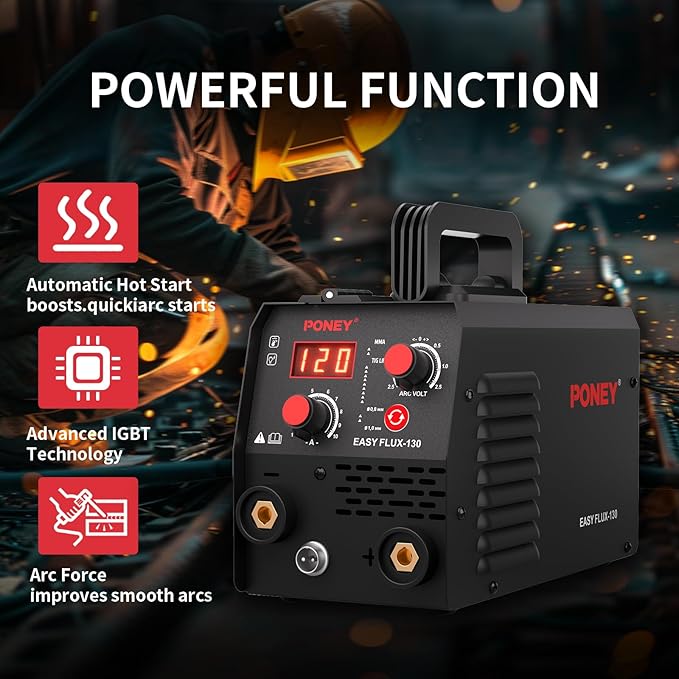 PONEY 120A Flux Core MIG Welder 110V - 3 in 1 Gasless MIG/Stick/Lift TIG Welding Machine with Synergic Control IGBT Inverter Multi-process Portable Wire Feed Welder