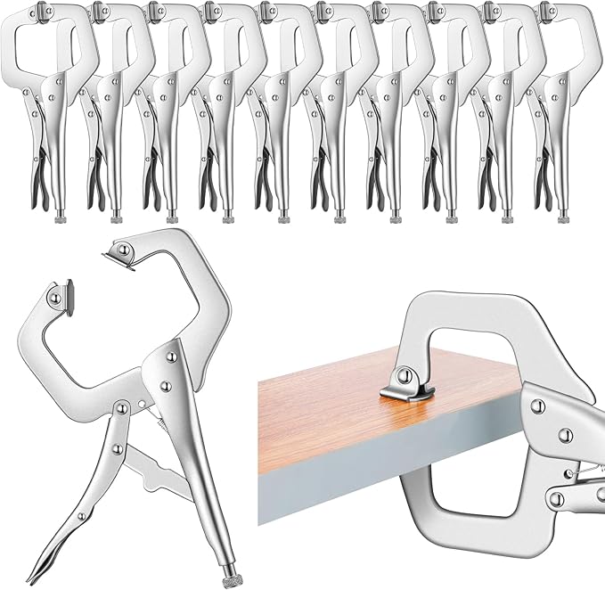 Yexiya 10 Pcs Locking C Clamp, Locking Pliers Adjustable Welding Clamp with Regular Tip and Swivel Pad for Shop Home Farm and Auto Workshop Woodworking, Cabinetry, Repair (6 Inch)