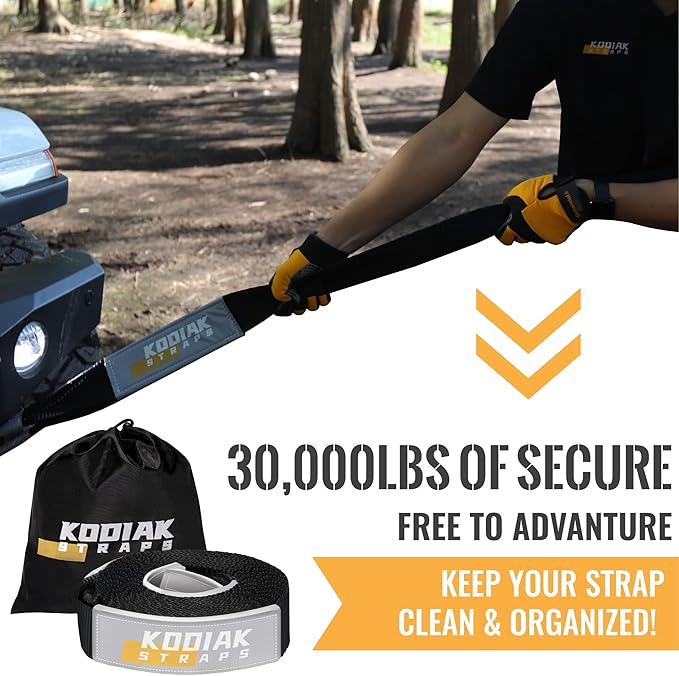 KODIAK STRAPS Tow Strap – 3'' x 20ft Car Tow Straps Heavy Duty with 30000 lbs. Break Strength and Reinforced Loops Emergency Rope Off Road Recovery Equipment Towing Straps Draw String Bag Included