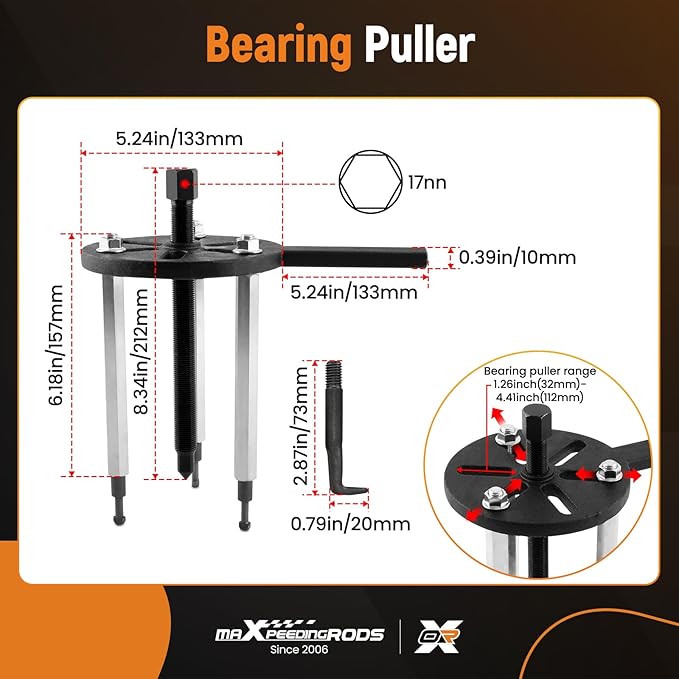 maXpeedingrods 21 in1 Bearing Puller Kit, Bearing Removal Tool, Bearing Separator Set, Bearing Disassembly Gear Puller w/ 3-jaw Hooks and 6 Sizes Red Steel Inner Hole Extractor