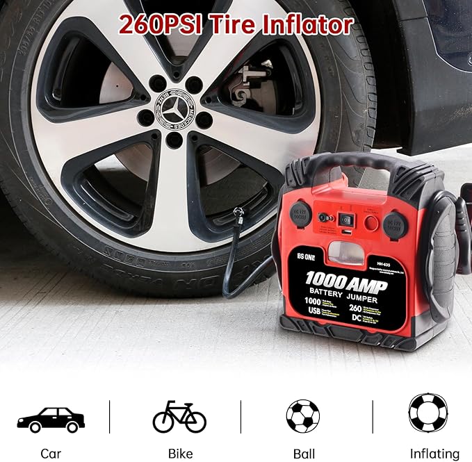 BS ONE 1000 Amp Peak Current Car Jump Stater, 12V Lead Acid Battey Jump Box with 260PSI Air Compressor, Jump Starter Battery Pack with Led Light & USB Output