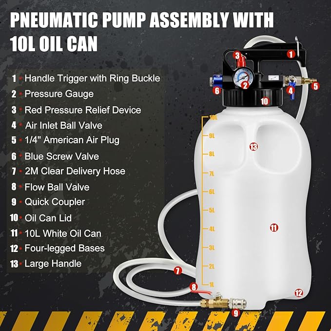 JIFETOR Transmission Fluid Pump Pneumatic Extractor and Dispenser Tool Kit, 10L ATF Fill and Evacuator Oil Can Set with 15PCS ATF Adapters 3PCS 1M Hose for Gear Oil Garage and Shop Fluid Transfer