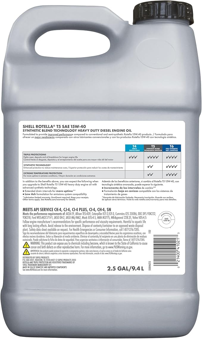 Shell Rotella 550046213-2PK T5 Synthetic Blend 15W-40 Diesel Engine Oil (2.5 Gallon, Case of 2)