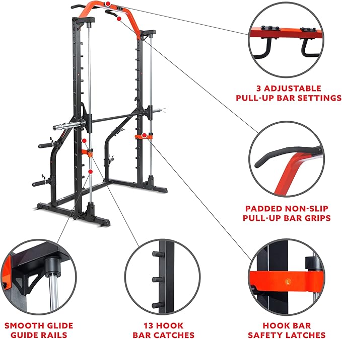 Sunny Health & Fitness Premium Smith Machine & Squat Cage Rack, Pull-Up Bar, Spotter Blocks for Weightlifting & Bench Press for Home Gym Strength Training