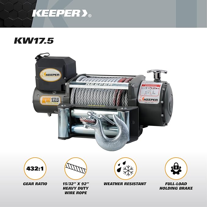 KEEPER KW 17.5 Electric Winch 17,500 lb 12V DC with Wireless Remote, Heavy-Duty Single Line Pull for Trucks, Jeeps, and SUVs, High-Performance Recovery Winch with Weather-Resistant Steel Cable