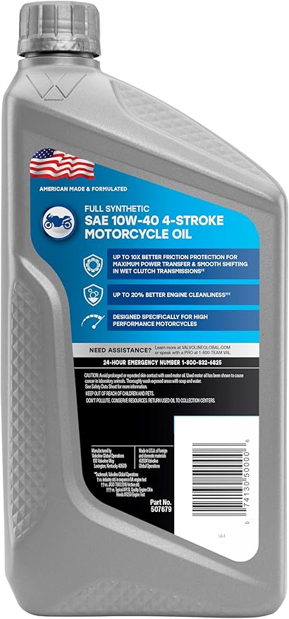 Valvoline 4-Stroke Motorcycle Full Synthetic 10W-40 Motor Oil 1 Quart