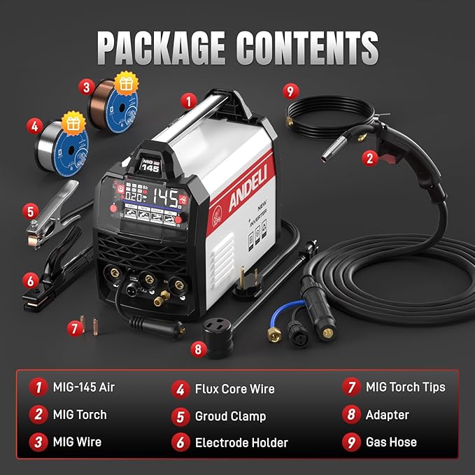 ANDELI 145A MIG Welder 4-in-1，110V/220V Dual Voltage [Large LED Display]Gas MIG/Flux Core MIG/Lift TIG/Stick Multiprocess MIG Welding Machine with Synergy，Full Kit (Bonus MIG Wire&FluxCore Wire)