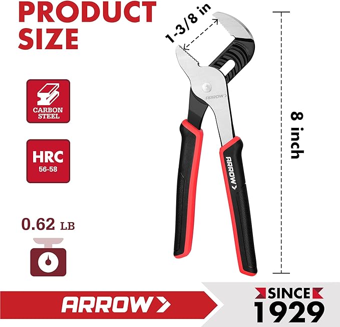 ARROW 8-Inch Groove Joint Pliers, Adjustable Water Pump Pliers with TPR Handle, High Carbon Steel Tongue and Groove Plier for Plumbing, Automotive and Household Repairs