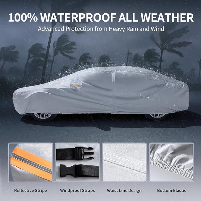 10 Layers Sedan Car Cover Custom Fit for Chevy Malibu(1997-2025), 100% Waterproof All Weather for Automobiles, Gift with Towel, Heavy Duty Car Covers for Rain Sun UV Protection with Door Zipper.