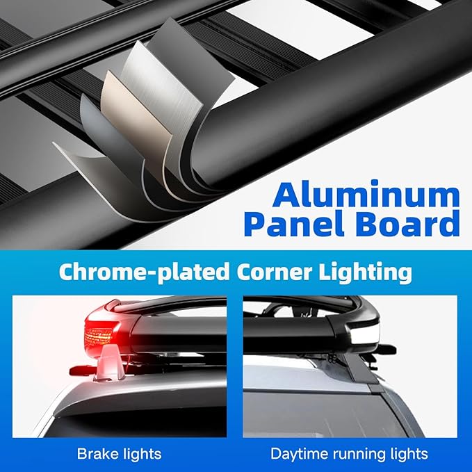 JMTBNO Roof Rack Cargo Carrier Basket with Brake Lights, 55 * 40inch Universal Rooftop Cargo Carrier with 2PCS Shark Clip Crossbars Double Layer Aluminum Car Top Luggage Holder for SUV Trucks Cars