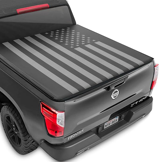 US Flag Truck Tonneau Cover for Nissan Frontier 2005-2025 5 ft Bed Length (Extra Short Bed), Soft Roll-Up All-Weather Retractable Truck Bed Cover with Black/Gray Flag