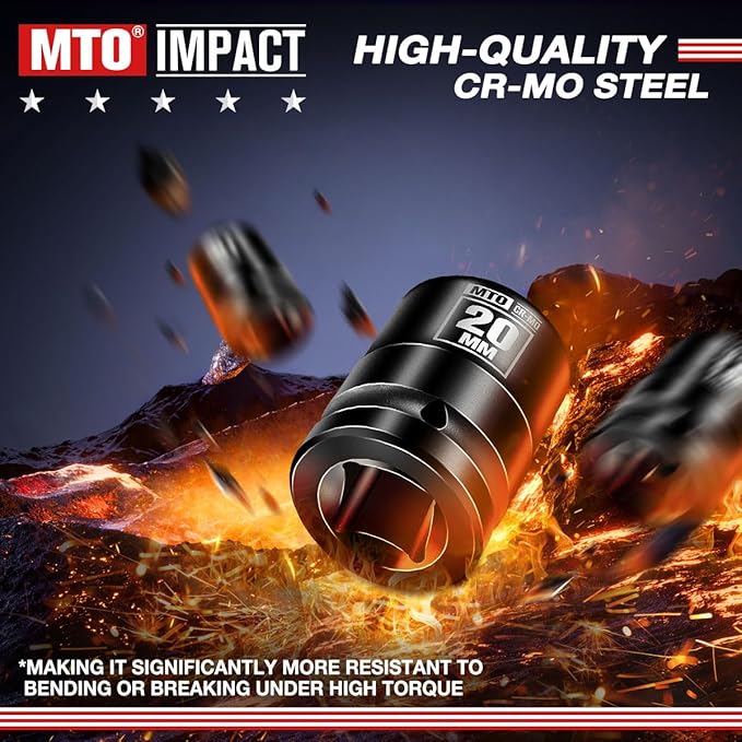 MTO 1/2" Drive 20mm Shallow Impact Socket, 6-Point Metric Socket, CR-MO Steel & Anti-Corrosion Coating for Tight Spaces and Heavy-Duty Tasks
