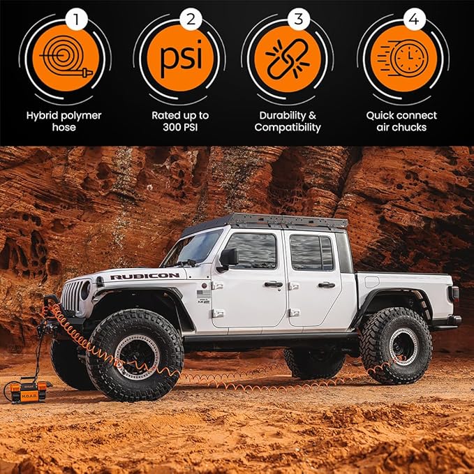 EZ FLATE 4 Tire Hose System | Heavy Duty | Truck or Car Tires | UTV Side By Side Tires | Fast Inflation | 4 Tires at Once | Auto Equalize | Quick Connest Air Chucks (Recoil Hose System)