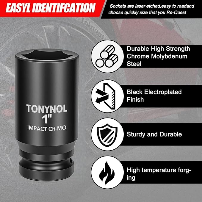3/4" Inch Drive Deep Impact Socket,6-Point,SAE 1",80mmL,CR-MO,Heavy-Duty Automotive & Industrial Repair