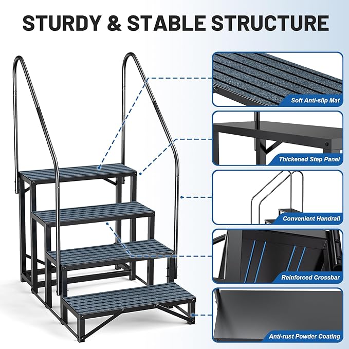 RV Steps Spa Steps with Handrail -4 Step Hot Tub Steps Trailer Steps Mobile Home Stairs for 5th Wheel RV, Trailer, Hot Tub, Pool, Porch with Non-Slip Mats