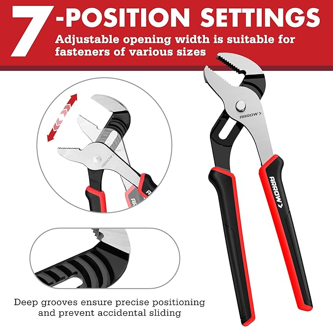 ARROW 10-Inch Groove Joint Pliers, Adjustable Water Pump Pliers with TPR Handle, High Carbon Steel Tongue and Groove Plier for Plumbing, Automotive and Household Repairs
