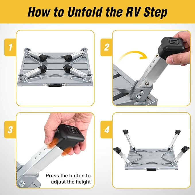 Nilight RV Step Stool Aluminum Folding Platform Steps 19x14.5 RV Steps 4 Levels Adjustable Step Stool with Anti-Slip Surface Rubber Feet Handle Supports Up to 500lbs for Camper Travel Trailer, Silver