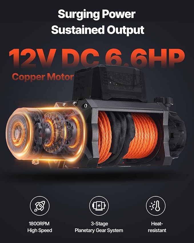 VEVOR Electric Winch, 12000 lbs Load Capacity, 12V DC Truck Winch with Φ3/8 in x 92 ft Synthetic Rope, Wireless & Wired Remote Control, IP67 Waterproof for Towing Off-Road SUV Jeep Trailer Boat