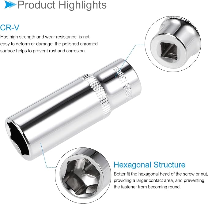 6-Point Socket, 1/4" Drive 13mm Deep, Polished Chromed CR-V Metric Deep and Shallow Impact Socket - (Applications: for Ratchet Torque Electric Wrenches Car Repair), 2-Pieces
