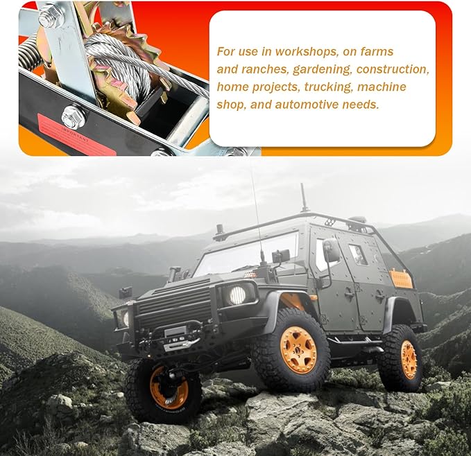 2 Ton Heavy Duty 3 Hook Steel Cable Dual Gear Power Puller Come Along Chain Winch Ratchet Tool with 3 ''Inch x 8' Foot Winch Strap, Tow Strap (30,000 BLS Capacity)