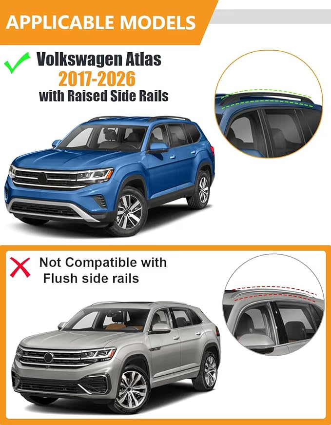KINGGERI 330lbs All aluminum Roof Rack Cross Bars Compatible with Volkswagen VW Atlas 2017-2026 with Raised Side Rails (Not for Atlas Cross Sport), Lockable Roof Rails Crossbar Rooftop Luggage Carrier