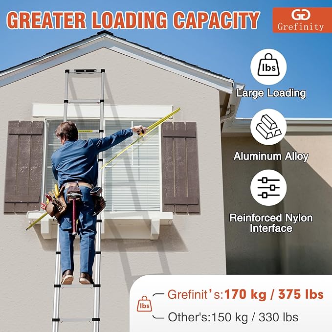 12.5 FT Aluminum Telescoping Ladder, One Button Retraction Extension Ladder, 375 lbs Load Capacity with Non-Slip Wide Feet, Compact Portable for Indoor Outdoor Use, RV, Attic and Roof Use