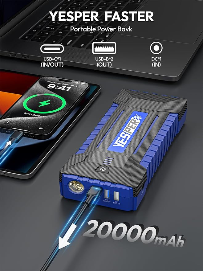 YESPER 2160A Car Jump Starter Portable，Battery Jumper Booster Pack, Boost Jump Box for Most 12V Vehicle (Up to 9.0L Gas/7.0L Diesel Engine), DSLI Safe Tech, PD 15W Fast Charge & DC 15V Port