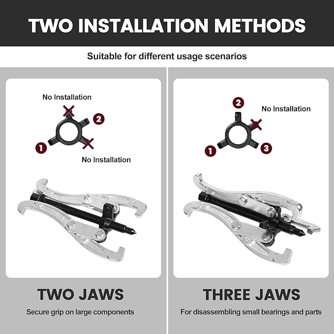 Motor Tech Gear Puller Set, 3" 4" 6" 8'' 3 Jaw Puller Kit for Pulley Gear Bearing Flywheel Removal, Heavy Duty Pulley Puller with Reversible Jaws Bearing Puller Tool Kit (3'' 4'' 6'')