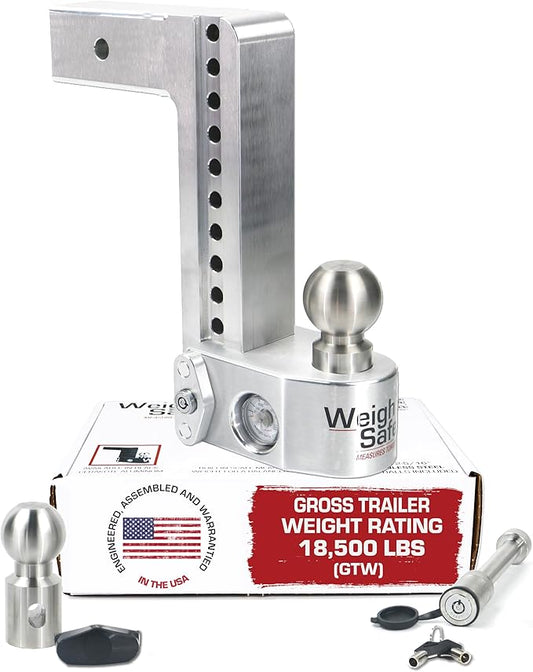 Weigh Safe Aluminum Adjustable Trailer Hitch - Towing Hitch with Built-In Tongue Weight Scale - Compatible with 2.5" Receivers - 10" Drop, Stainless Steel Tow Balls, 18,500 GTW, 2-Piece Lock Set
