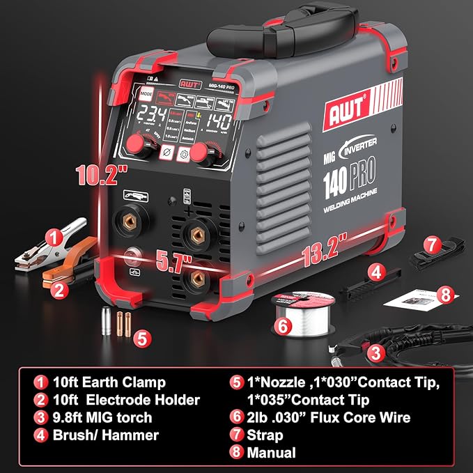 AWT LED Digital Display 140Amp MIG Welder Flux Core MIG Welder/Stick/Lift TIG 3 in 1 Welding Machine,Welder Machine 110V With Synergy IGBT Inverter, Portable Gasless Welder Equipment