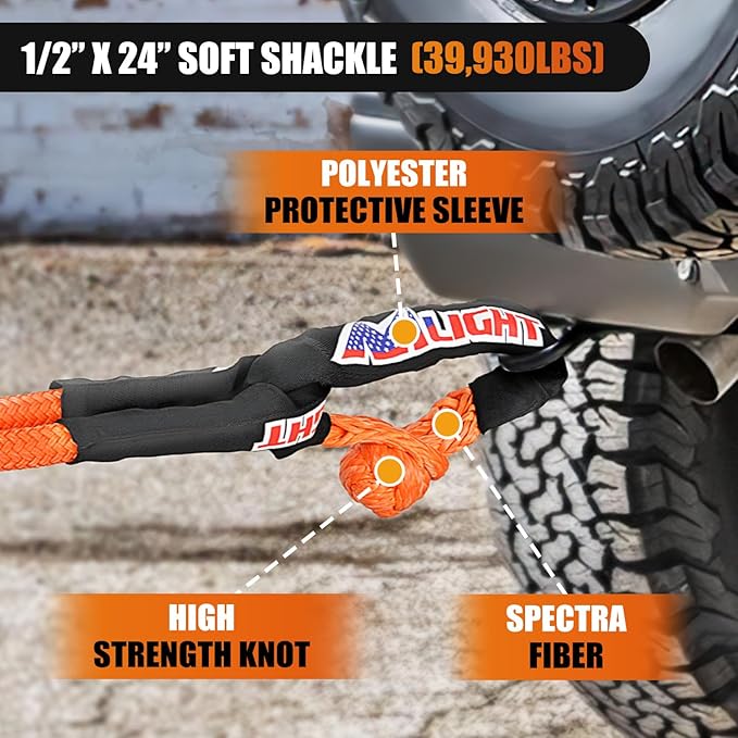 Nilight Kinetic Recovery Tow Rope Kit with 2 Soft Shackle 1-1/8inx30ftt Heavy Duty Offroad Tow Rope Snatch Strap Towing Strap kit 48,000LBS for UTV ATV SUV Truck Car Jeep Tractor