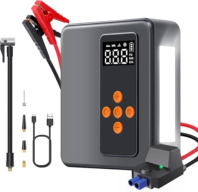 Jump Starter 8000A Peak with 200PSI Air Compressor, Portable Battery Charger for All Gas 12L Diesel Engines, Tire Inflator Combo, Power Station with LED Flashlight, Roadside Emergency Tool, Gifts
