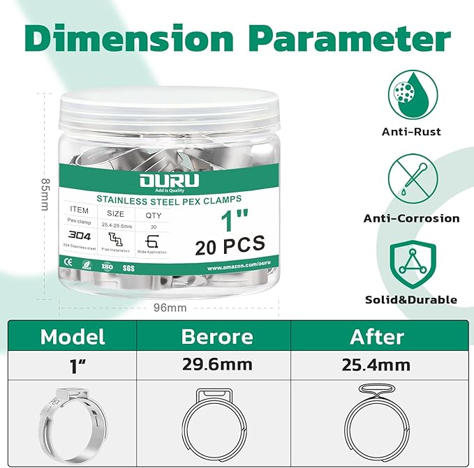 20PCS 1 Pex Crimp Ring,304 Stainless Steel Pex Cinch Clamps,Single Ear Hose Clamps for Pex Fittings Pipe Tubing