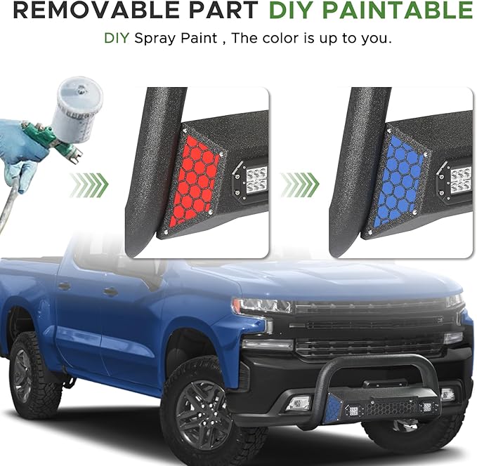 Bull Bar Fit for Chevy Silverado 1500/GMC Sierra 1500 2019-2025 with LED Light & w/License Plate Bracket DIY Paintable Truck Front Bumper Brush Push Bar Front Grille Guard Protector