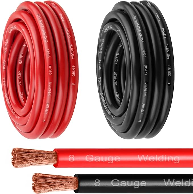 8 Gauge Battery Cable - 15FT Red + 15FT Black 8 AWG Welding Cable Flexible Stranded Oxygen-Free Pure Copper Wire for Automotive, Battery, Inverter, Solar, Marine and Generator